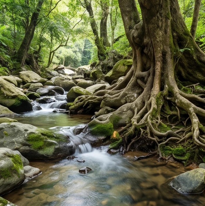 Dòng suối nhỏ róc rách chảy qua những tảng đá rêu phong nuôi dưỡng bộ rễ của cây cổ thụ bên bờ