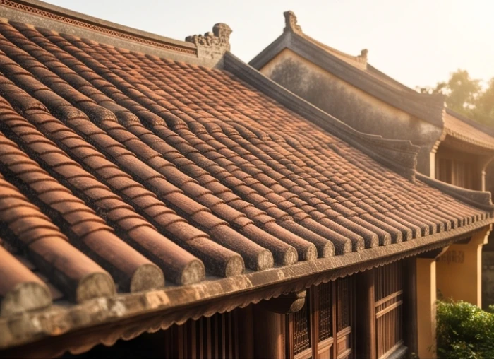 Mái ngói truyền thống bằng đất nung vững chãi tượng trưng cho nạp âm Ốc Thượng Thổ kiên cường của nữ Bính Tuất