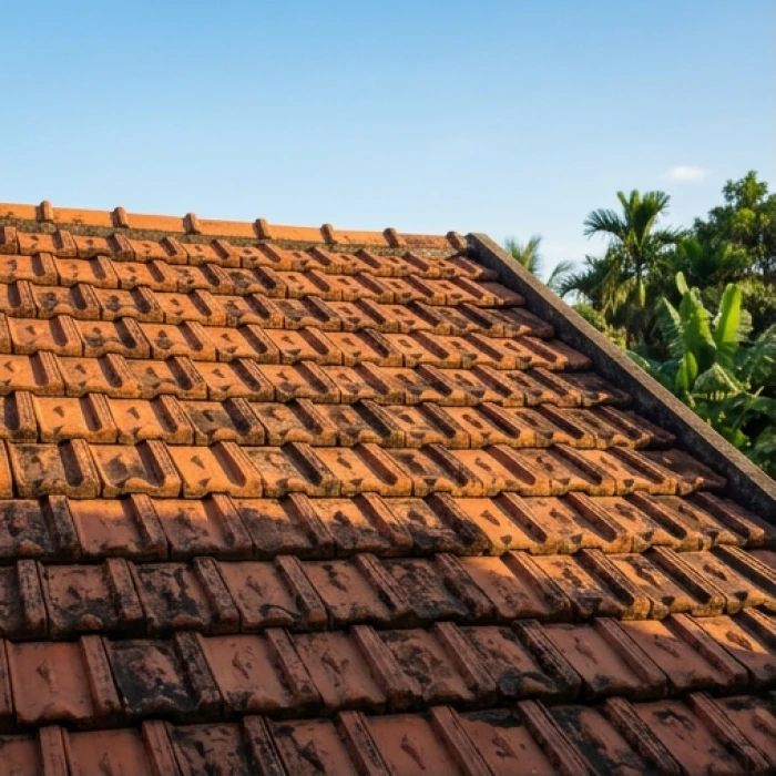 Lớp ngói lợp bằng đất nung kiên cố trên mái hiên của một ngôi nhà cổ