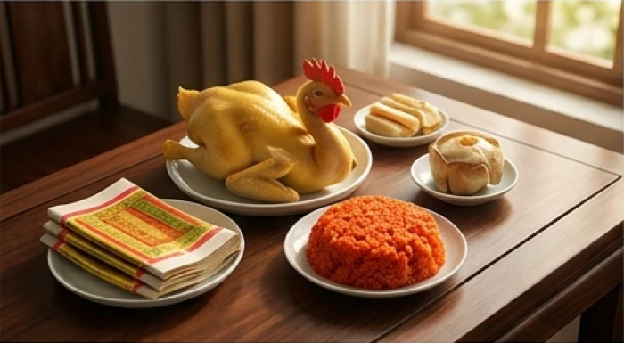 Mâm cỗ mặn trang nghiêm với gà luộc, xôi gấc và bộ vàng mã cúng giải hạn Xung Thái Tuế tại gia