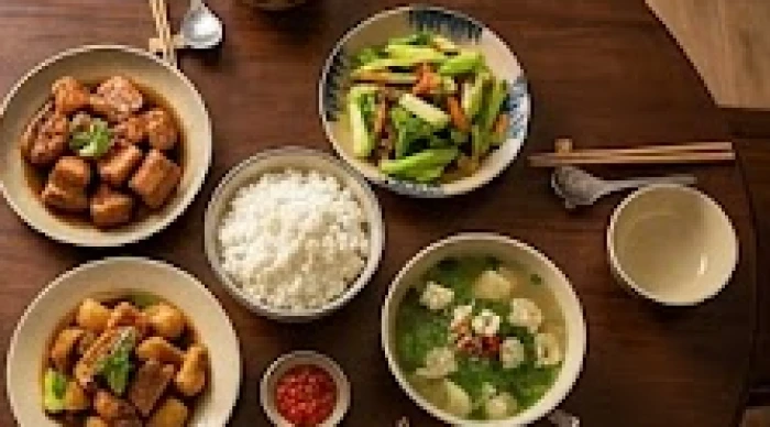 Mâm cơm truyền thống với các món ăn mộc mạc được dọn sẵn trên chiếc bàn ăn gỗ tròn tươm tất