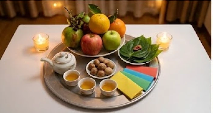 Mâm cúng giải hạn sao Thổ Tú và Vân Hớn gồm đĩa ngũ quả, trầu cau, đèn cầy, rượu nước và bài vị chuẩn sắc