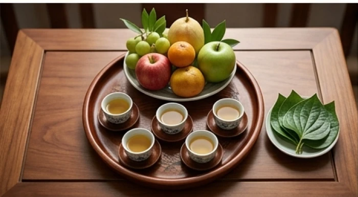 Mâm lễ cúng sao Thái Âm với đầy đủ trái cây tươi và ba ly nước sạch được bày trí trang nghiêm