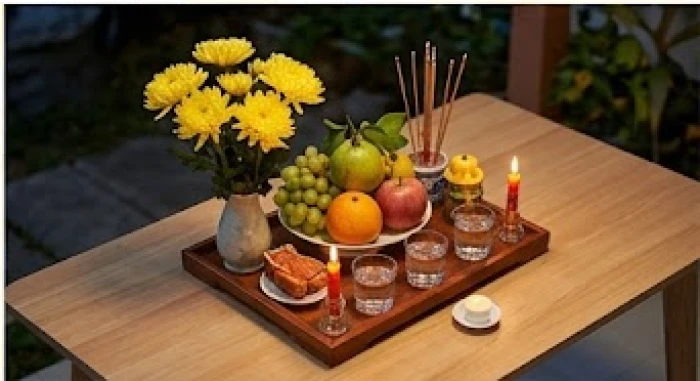 Mâm lễ cúng dâng sao giải hạn gồm ngũ quả và hoa cúc vàng bài trí thanh tịnh ngoài trời