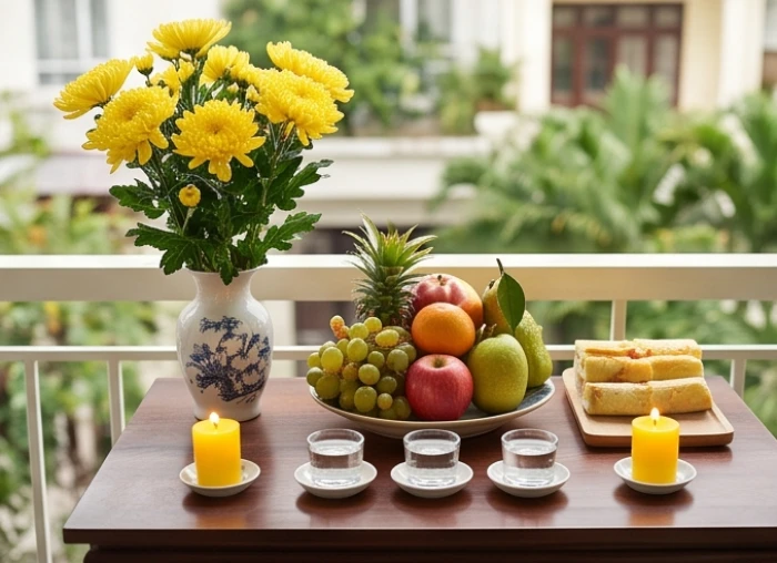 Mâm lễ cúng sao giải hạn được trang bày trang nghiêm với lọ hoa cúc vàng ngũ quả và nến ngoài ban công
