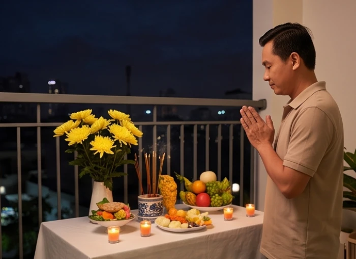 Phụ huynh bày biện mâm cúng sao giải hạn ngoài ban công với nến sáng và hoa quả thanh tịnh để làm lễ thay cho con