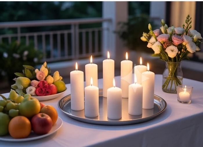 Mâm cúng dâng sao Thái Bạch với tám ngọn nến được sắp xếp trang trọng cho nam mạng tuổi 2005