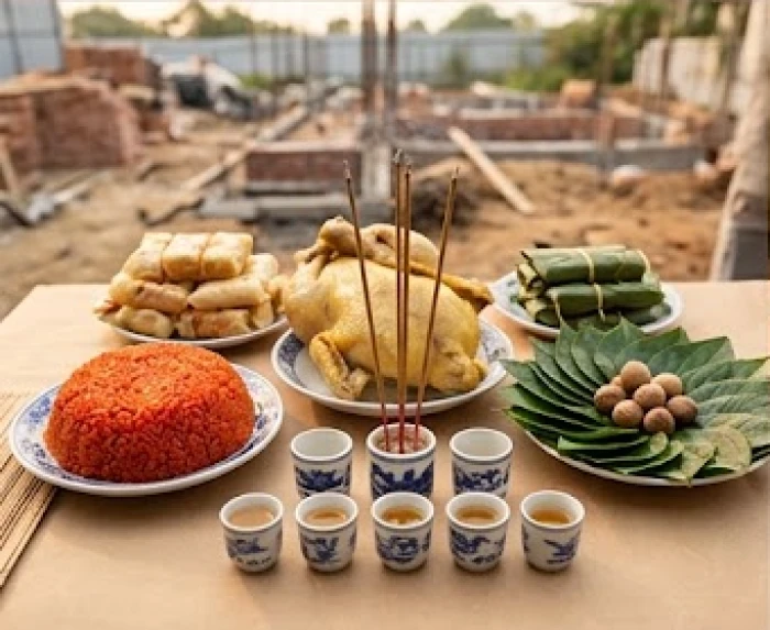 Mâm cúng động thổ làm nhà với xôi gấc và gà luộc được chuẩn bị chu đáo theo nghi lễ mượn tuổi