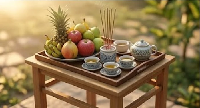 Mâm trái cây tươi và hương đăng được chuẩn bị chu đáo ngoài trời cho buổi lễ động thổ