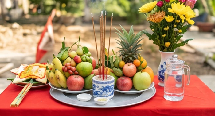 Mâm lễ cúng động thổ xây nhà được chuẩn bị tươm tất với hoa quả tươi và nhang đèn