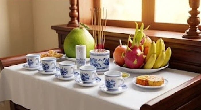 Mâm cúng ngày Tết trang nghiêm với khăn trải trắng và bộ kỷ nước bằng sứ xanh lam