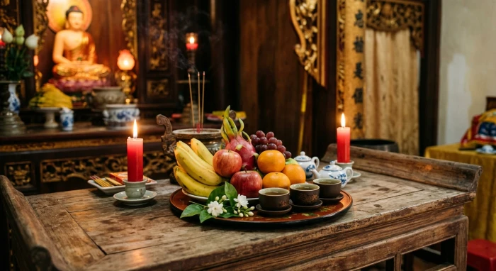 Mâm lễ chay tịnh giản dị với trái cây tươi, trà nước và nến được dâng lên trong nghi thức giải hạn.