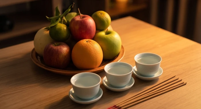 Mâm ngũ quả tươi sáng cùng ba chén rượu trắng và nhang trầm được bày biện trang nghiêm trên bàn gỗ