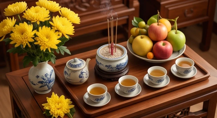 Mâm lễ cúng giải hạn bày biện trang trọng với hoa tươi đĩa ngũ quả và bộ trà rượu