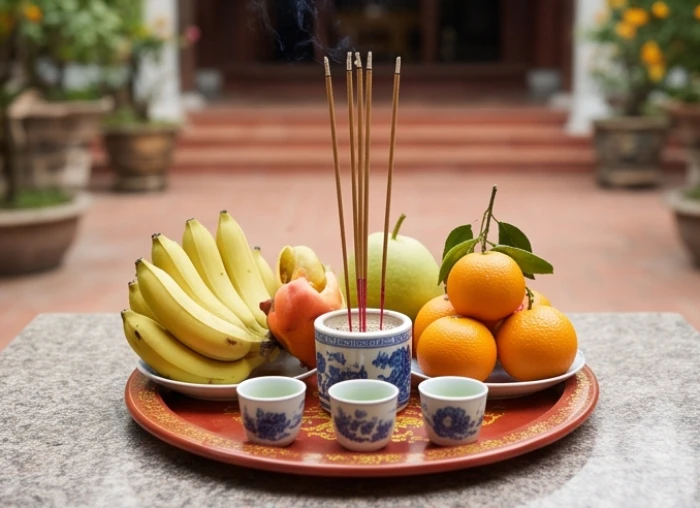 Mâm lễ vật cúng giải hạn với đầy đủ bộ tam sên nhang đèn và đĩa trái cây tươi