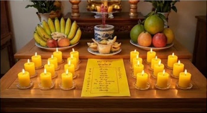 Mâm cúng giải hạn sao Kế Đô trang nghiêm với 21 ngọn nến và bài vị vàng dành cho nam mạng tuổi Ất Mão 1975