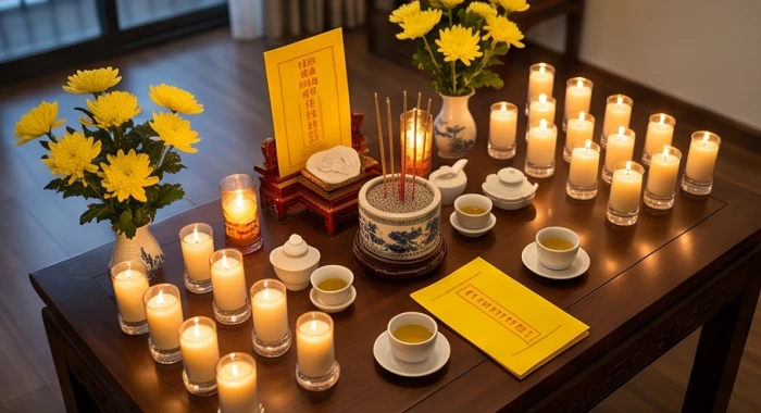 Mâm lễ cúng sao giải hạn La Hầu trang nghiêm với hoa quả tươi và ngọn nến thắp sáng
