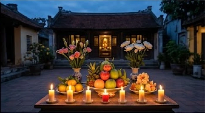 Mâm lễ cúng chay thanh tịnh được sắp xếp chỉn chu cùng tám ngọn nến đang cháy sáng giữa không gian sân vườn