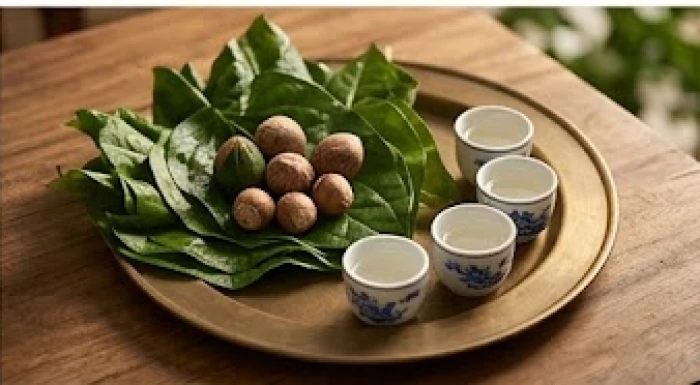 Mâm lễ vật đơn giản gồm trầu cau têm cánh phượng và ba ly rượu trắng được bày trí ngay ngắn trên bàn gỗ