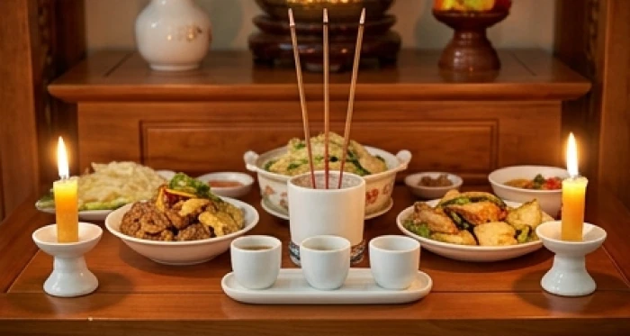 Mâm cúng hóa giải vận hạn chuẩn bị trang trọng cho gia chủ tuổi Giáp Tý 1984 với nhang, đèn cầy và lễ vật truyền thống