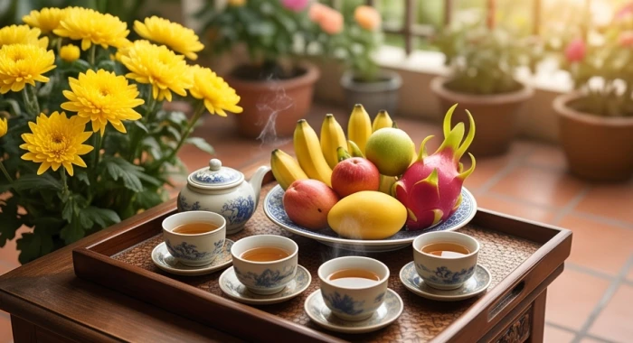 Mâm lễ vật cúng Thái Tuế đơn giản gồm hoa tươi trái cây trà rượu và giấy tiền vàng mã