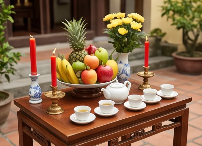 Bàn cúng trang nghiêm với đĩa ngũ quả tươi cùng nến đỏ chuẩn bị cho nghi thức hóa giải Thái Tuế