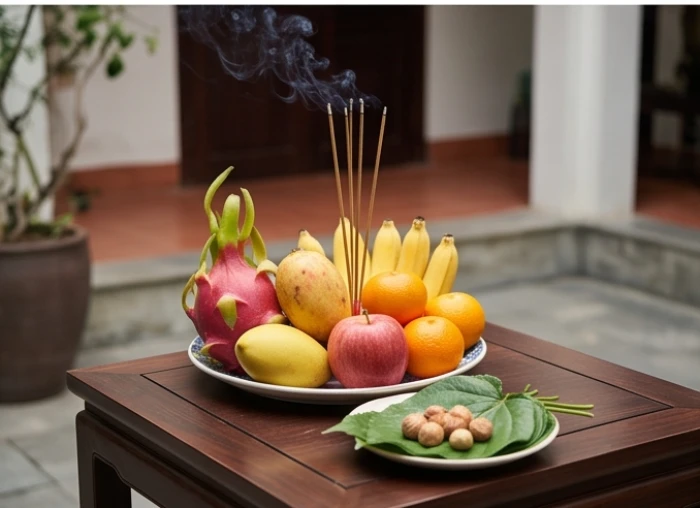 Mâm cúng trang trọng gồm năm loại ngũ quả cùng ba nén hương và trầu cau đặt ngoài sân thoáng đãng để làm lễ giải hạn