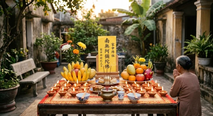 Mâm cúng giải sao Kế Đô với 21 ngọn nến được sắp xếp trang nghiêm hướng về phía Tây vào ban ngày