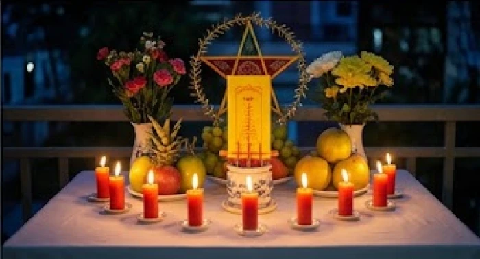 Mâm cúng giải hạn sao La Hầu trang trọng với 9 ngọn nến, hoa tươi và quả ngũ sắc trên bàn sạch