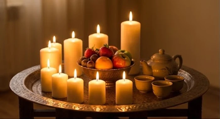 Tám ngọn nến lung linh được sắp xếp cẩn thận trên mâm cúng truyền thống hướng về phía Tây