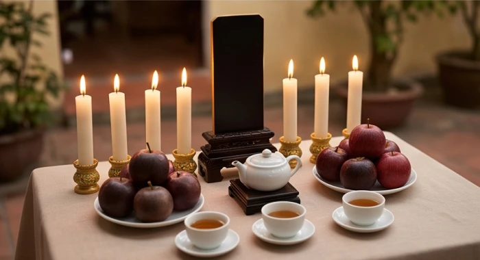 Bàn lễ cúng sao Thủy Diệu gồm bảy ngọn nến và hoa quả sẫm màu hướng về phía Bắc thanh tịnh