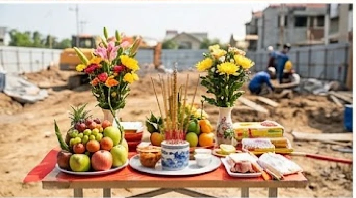 Mâm cúng lễ động thổ xây nhà được chuẩn bị chu đáo ngoài trời với hoa tươi và nhang đèn