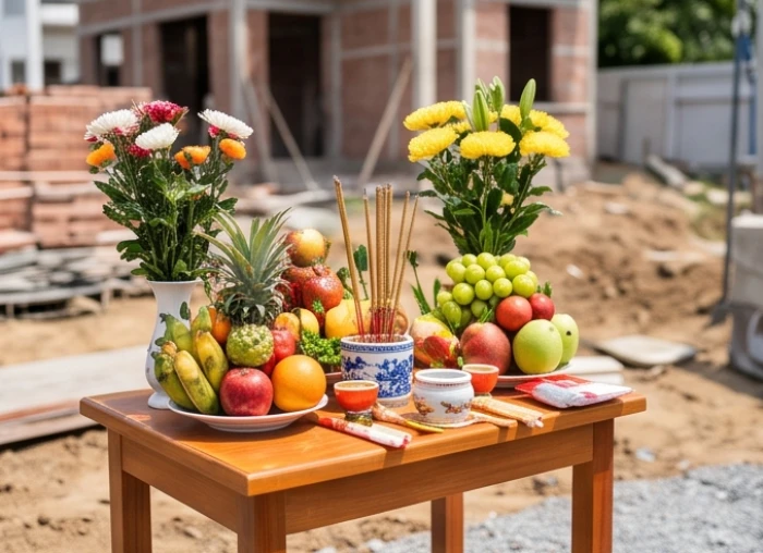Mâm cúng động thổ tươm tất được sắp xếp gọn gàng trên chiếc bàn nhỏ đặt tại khu đất chuẩn bị khởi công xây dựng