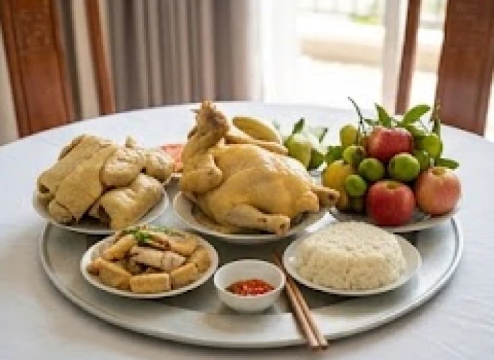 Mâm lễ tươm tất gồm xôi gà và ngũ quả được đặt trang trọng trước bàn thờ để báo cáo thần linh thổ địa