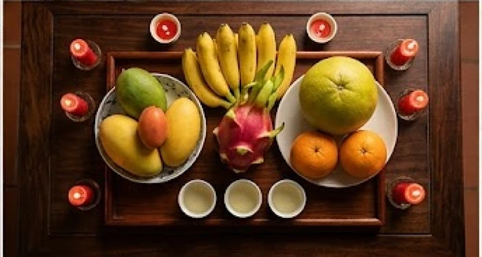 Mâm lễ vật tươm tất với đĩa ngũ quả, ba chén rượu và nến đỏ được bày biện cẩn thận trên bàn thờ