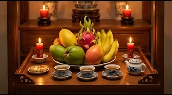Mâm lễ chay thanh tịnh gồm ngũ quả tươi ngon, trà và nến được chuẩn bị kỹ lưỡng cho nghi thức cúng sao giải hạn