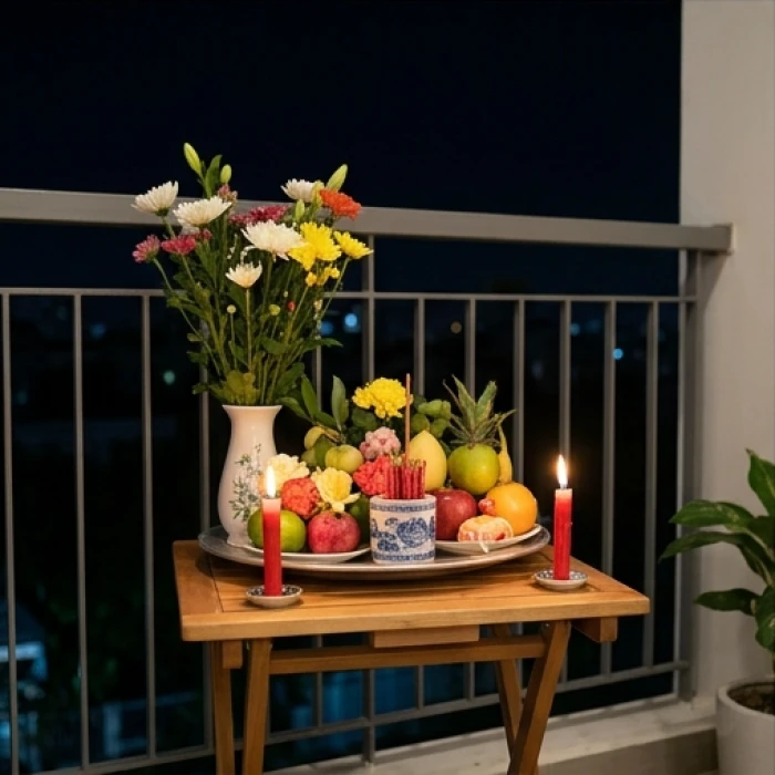 Người con chắp tay thành kính khấn vái trước mâm lễ cúng giải sao hạn Kế Đô để cầu nguyện sức khỏe cho mẹ già