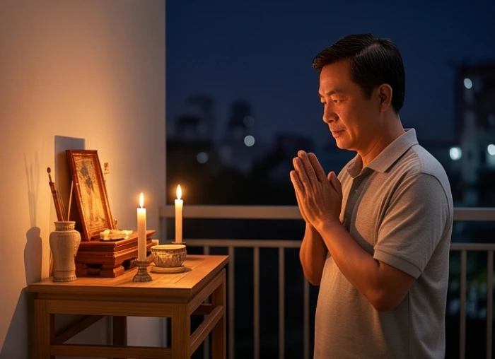 Người đàn ông trung niên đứng chắp tay trang nghiêm trước mâm cúng sao giải hạn đặt ngoài ban công hướng Bắc