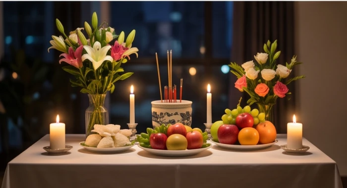 Mâm lễ cúng sao giải hạn chuẩn bị tươm tất với hoa tươi, trái cây và đèn cầy