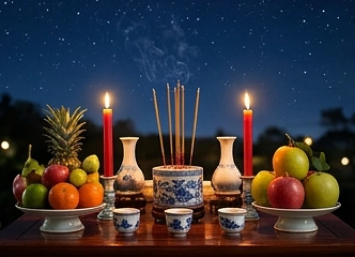 Mâm cúng sao giải hạn trang nghiêm ngoài trời với nến đỏ và hoa quả tươi cầu gia đạo bình an
