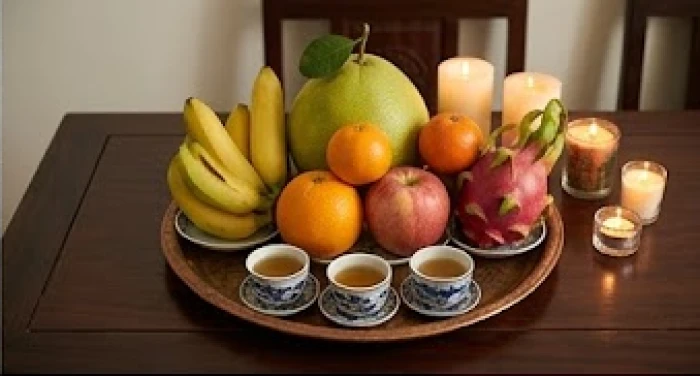 Mâm lễ cúng sao giải hạn đầu năm gồm trái cây tươi và những ngọn nến xếp theo trận đồ