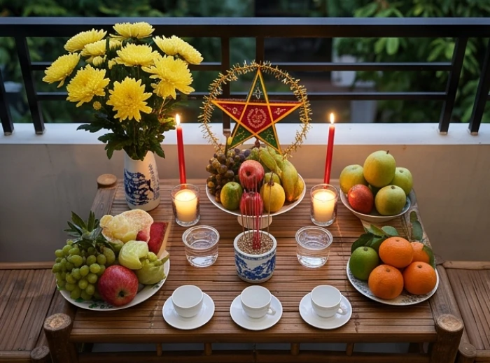 Mâm cúng giải sao chiếu mệnh trang trọng đặt tại không gian thoáng gió với hoa tươi và số ngọn nến được sắp xếp quy chuẩn