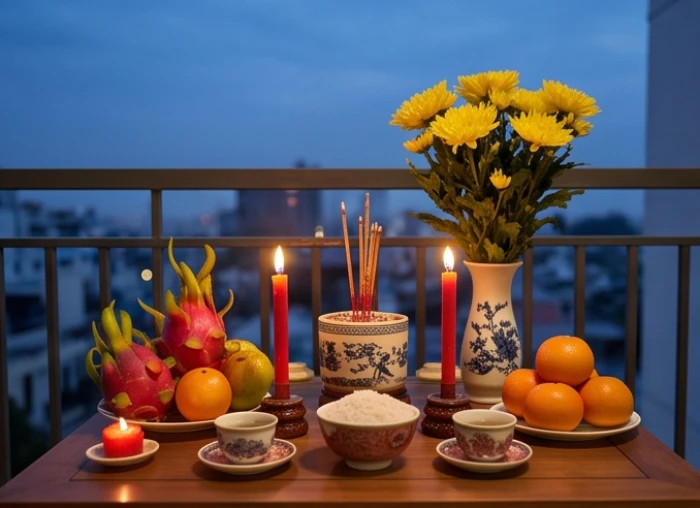 Mâm lễ cúng sao giải hạn được bày biện trang nghiêm với hoa cúc vàng, nến, trái cây tươi và trà ngoài ban công