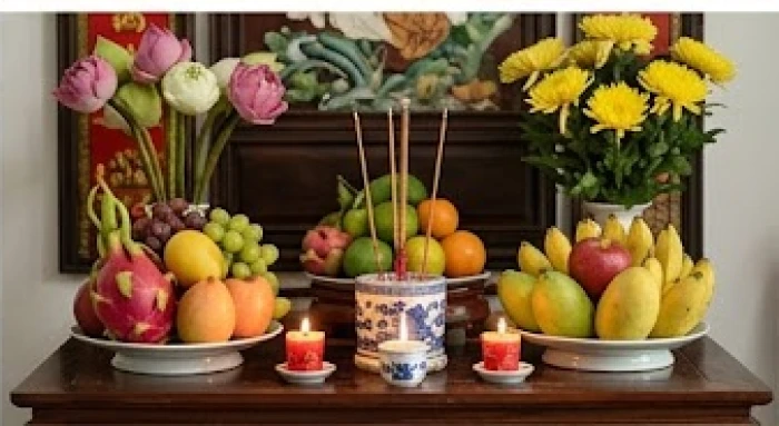 Mâm lễ cúng sao giải hạn được sắp xếp trang nghiêm với hoa tươi và trái cây