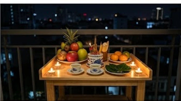 Mâm lễ vật chay thanh tịnh gồm hoa tươi và quả ngũ sắc dùng để cúng sao giải hạn ngoài trời