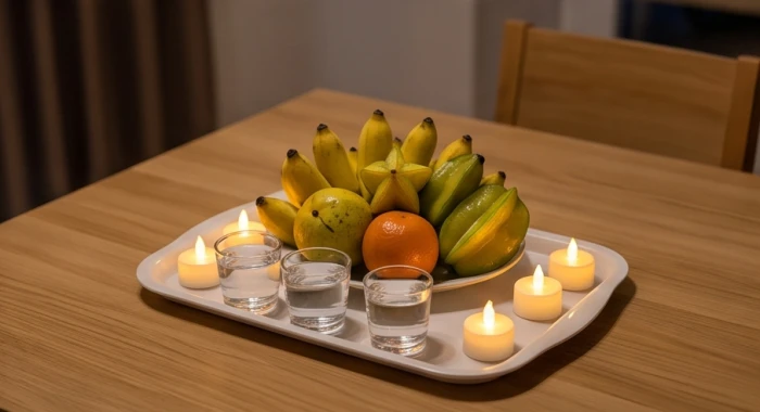 Mâm lễ cúng sao giải hạn tinh gọn tại nhà với đĩa trái cây tươi và nến điện tử đảm bảo an toàn phòng cháy