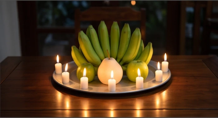 Mâm lễ cúng sao giải hạn được chuẩn bị tươm tất với hoa quả tươi và những ngọn nến sáng