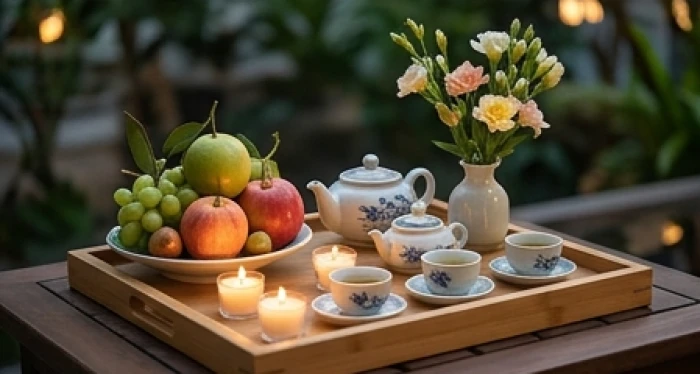 Mâm cúng sao giải hạn trang trọng với hoa tươi nến và trái cây được sắp đặt ngoài trời đúng nghi thức