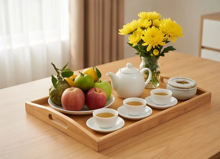 Mâm lễ chay tinh gọn với hoa tươi và trái cây cúng sao giải hạn cho trẻ