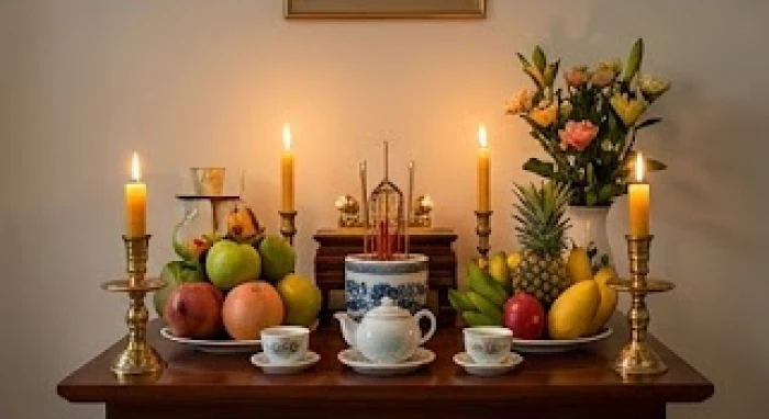 Mâm lễ cúng sao giải hạn với nến hoa quả và hương trà được bài trí trang trọng tại phòng thờ gia đình